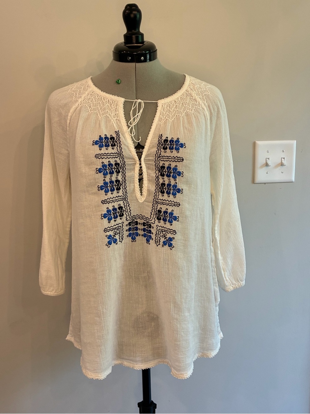 Joie White Tunic with Blue Embroidery